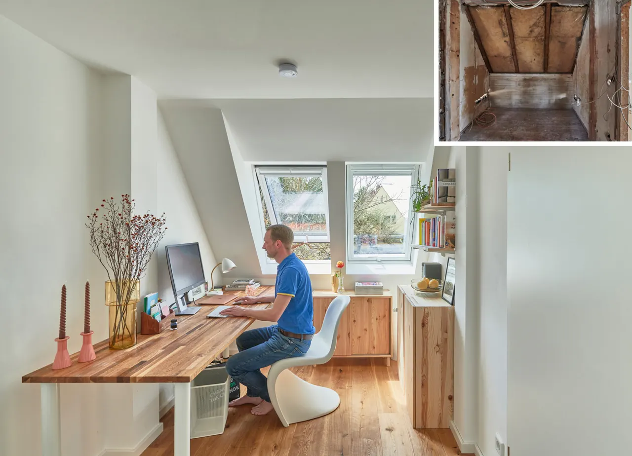 Ausgebautes Dachgeschoss mit zwei Velux-Dachfenstern als Arbeitszimmer, oben rechts der Rohbau vorher