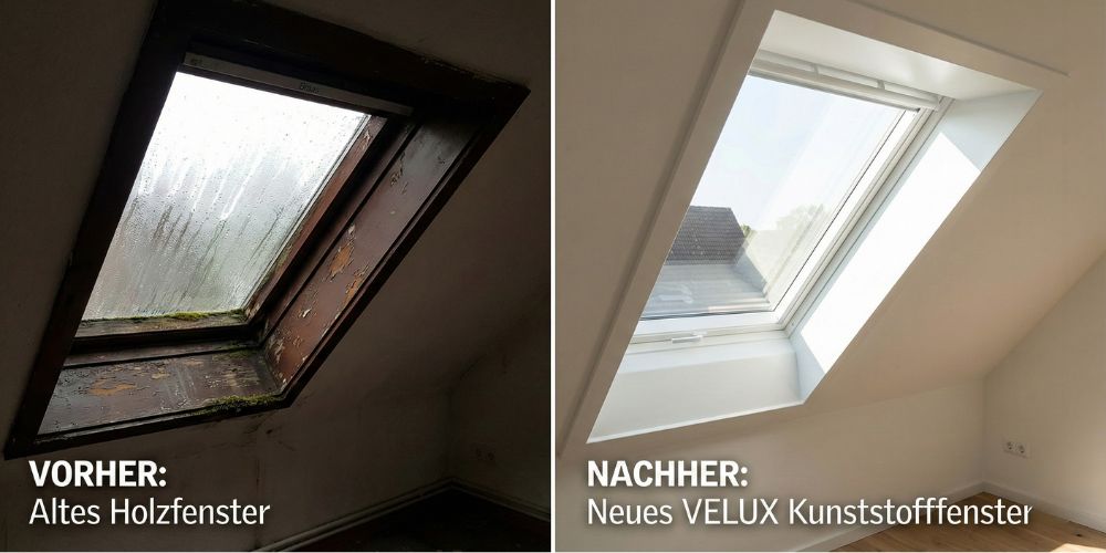Dachfenster undicht - Vorher/Nachher Vergleich – Altes dunkles Holzfenster vs. neues weißes Velux Fenster