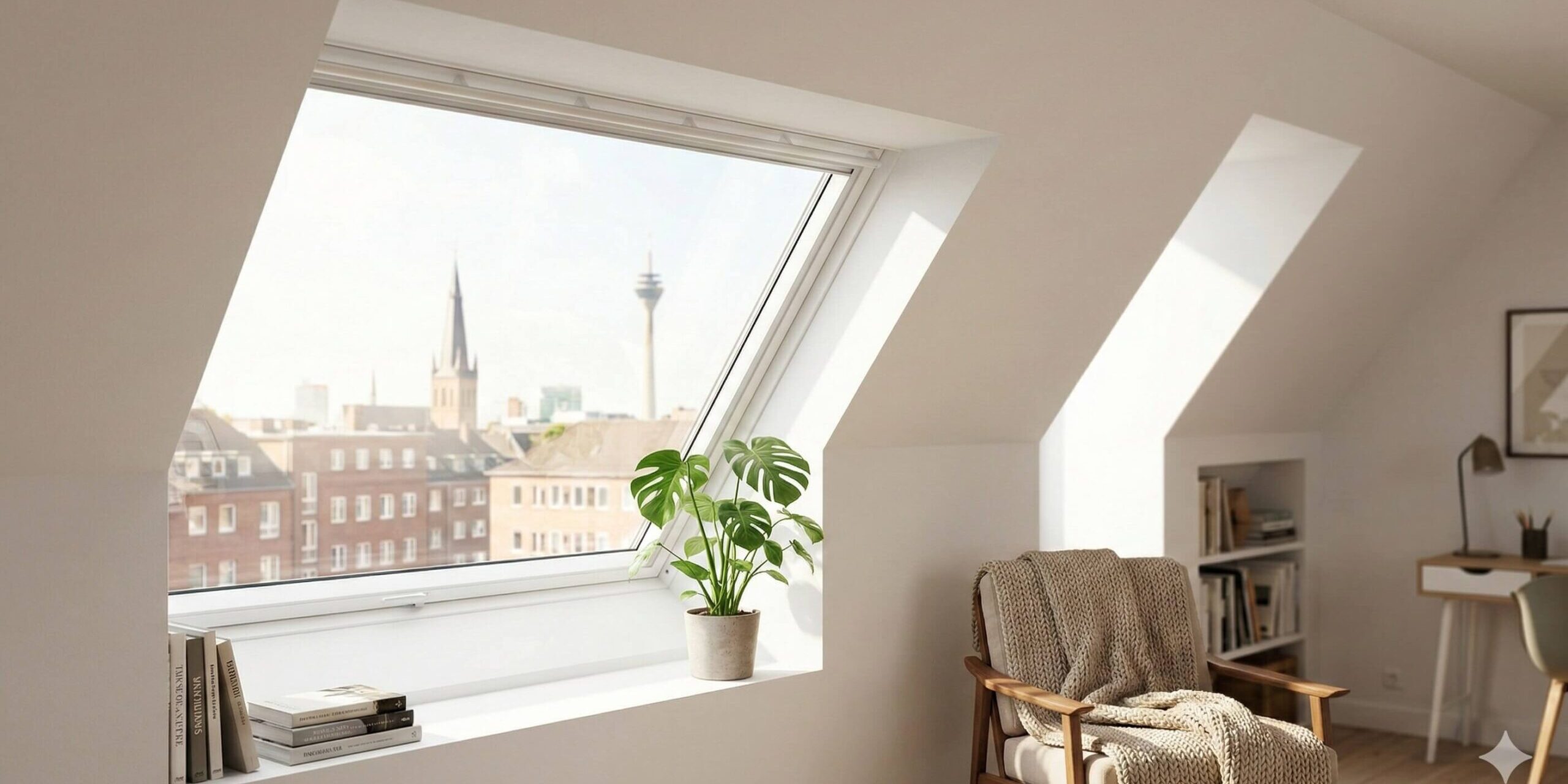(Velux-ähnliches) Dachfenster in einem schönen, sauberen Raum zeigt, um das "Nachher"-Gefühl zu unterstreichen
