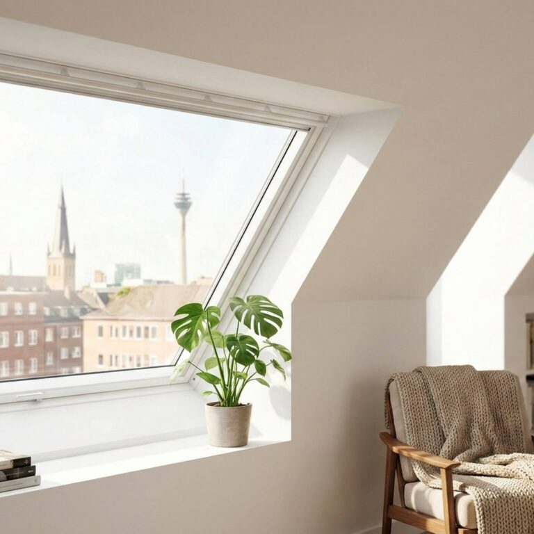 (Velux-ähnliches) Dachfenster in einem schönen, sauberen Raum zeigt, um das "Nachher"-Gefühl zu unterstreichen